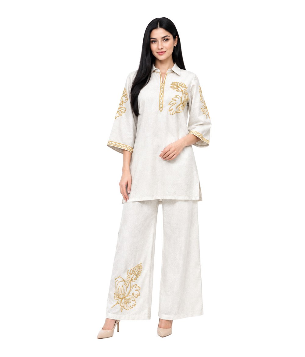 Ivory Golden Leaf Embroidered Co-ord Set