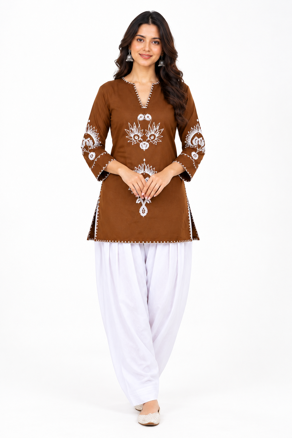 Brown Pure Cotton Farsi Co-Ord Set with White Embroidery