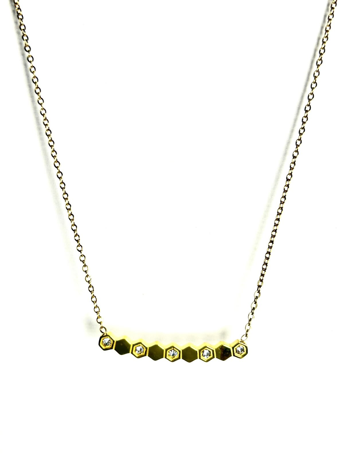 Gold Hexagon Bar Necklace with CZ Stones