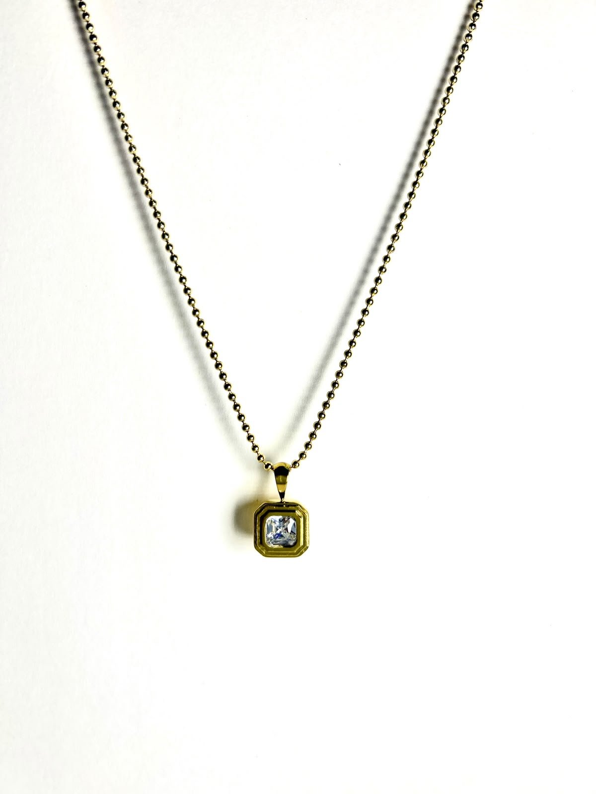 Gold Square CZ Pendant Ball Chain Necklace