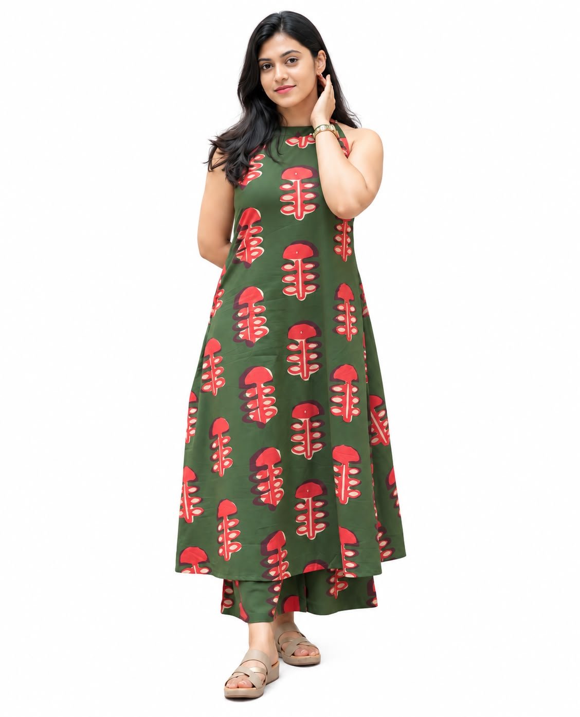 Olive Green Botanical Print Halter Kurta Palazzo Set
