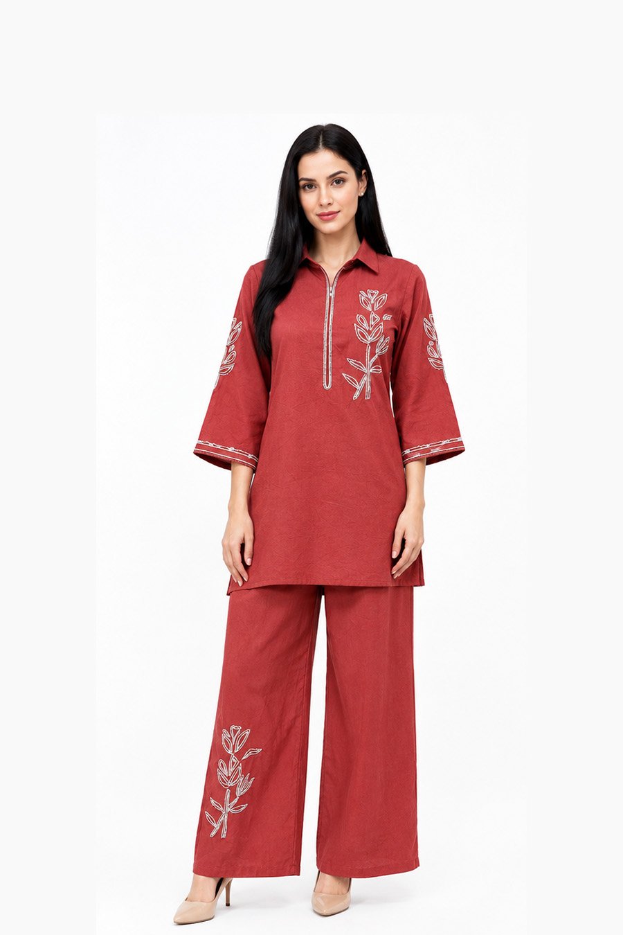 Rust Red Embroidered Co-Ord Set