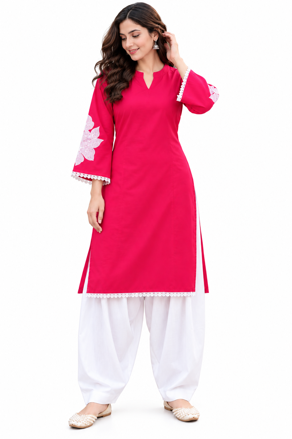 Fuchsia Pink Floral Applique Kurta Salwar Set